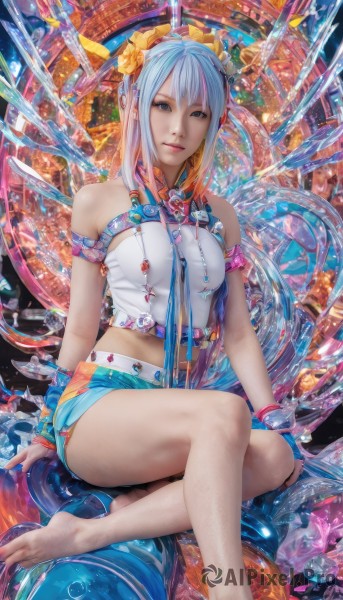 1girl,solo,long hair,breasts,looking at viewer,smile,short hair,bangs,blue eyes,hair ornament,gloves,bare shoulders,jewelry,medium breasts,sitting,blue hair,pink hair,multicolored hair,shorts,barefoot,midriff,feet,two-tone hair,lips,legs,bare legs,toes,armlet,science fiction,realistic,navel,flower,white hair,hair flower,nail polish,short shorts,watermark,web address,yokozuwari