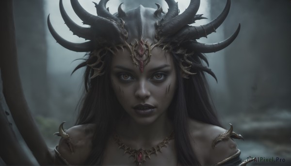 HQ,1girl,solo,long hair,looking at viewer,black hair,bare shoulders,brown eyes,jewelry,closed mouth,collarbone,upper body,horns,artist name,dark skin,necklace,blurry,dark-skinned female,lips,makeup,blurry background,lipstick,gem,portrait,realistic,grey skin,straight-on,black lips,teeth,orange eyes,sharp teeth,messy hair,close-up,injury,dirty