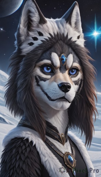 1girl,solo,breasts,blue eyes,brown hair,animal ears,jewelry,closed mouth,upper body,outdoors,sky,artist name,signature,necklace,fur trim,night,moon,looking up,gem,star (sky),night sky,furry,full moon,pendant,starry sky,furry female,looking afar,body fur,white fur,fur,animal nose,wolf,black fur,pelt,looking at viewer,animal,portrait,colored sclera,planet,snout