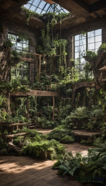 outdoors,day,indoors,tree,no humans,window,sunlight,plant,scenery,light rays,wooden floor,ruins,vines,moss,overgrown,sky,artist name,signature,lamp,ceiling