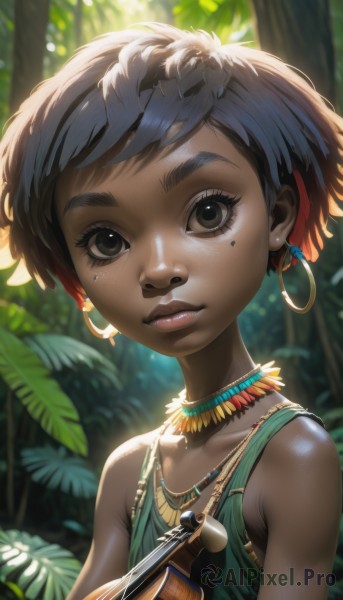 1girl,solo,looking at viewer,short hair,brown hair,black hair,bare shoulders,brown eyes,jewelry,closed mouth,collarbone,upper body,multicolored hair,earrings,outdoors,day,dark skin,necklace,mole,blurry,black eyes,dark-skinned female,tree,lips,eyelashes,mole under eye,blurry background,leaf,instrument,nature,web address,forest,freckles,hoop earrings,nose,very short hair,holding instrument,very dark skin,tribal,blue hair,sunlight,thick eyebrows,tank top,plant,facepaint