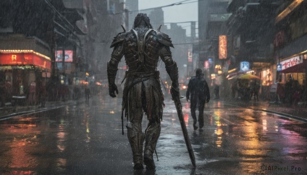 holding,standing,weapon,male focus,boots,outdoors,multiple boys,solo focus,sword,2boys,from behind,holding weapon,armor,night,holding sword,helmet,ground vehicle,shoulder armor,gauntlets,building,scenery,motor vehicle,1other,walking,rain,pauldrons,city,facing away,road,multiple others,street,knight,full armor,ambiguous gender,1boy,sky,wet,umbrella,holding umbrella,sign,car,lamppost,puddle,helm