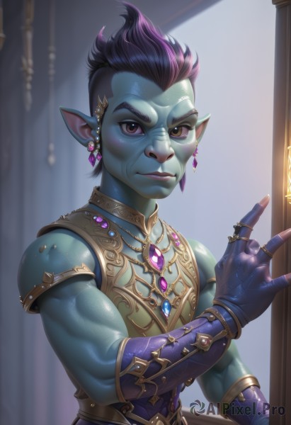 solo,looking at viewer,short hair,gloves,1boy,brown eyes,jewelry,upper body,purple hair,male focus,earrings,parted lips,pointy ears,artist name,indoors,hand up,fingerless gloves,necklace,armor,muscular,colored skin,ring,gem,blue skin,green skin,mohawk,eyebrow cut,black hair,piercing,thick eyebrows,realistic,very short hair,undercut