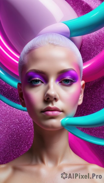 1girl,solo,long hair,looking at viewer,blue eyes,closed mouth,green eyes,collarbone,ponytail,pink hair,white hair,nude,multicolored hair,two-tone hair,lips,eyelashes,makeup,lipstick,portrait,eyeshadow,realistic,nose,eyeliner,mascara,rainbow hair,upper body,artist name,pink background,space