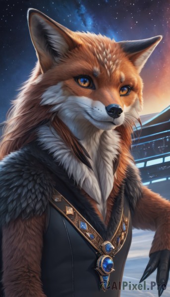 solo,long hair,looking at viewer,1boy,jewelry,closed mouth,upper body,male focus,outdoors,sky,sleeveless,artist name,signature,necklace,vest,orange eyes,fur trim,no humans,night,animal,slit pupils,gem,star (sky),night sky,claws,furry,starry sky,colored sclera,furry male,fur,whiskers,orange fur,1girl,brown hair,pendant,realistic