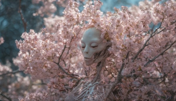 solo, closed eyes, flower, outdoors, day, blurry, tree, no humans, blurry background, cherry blossoms, realistic, branch, skeleton