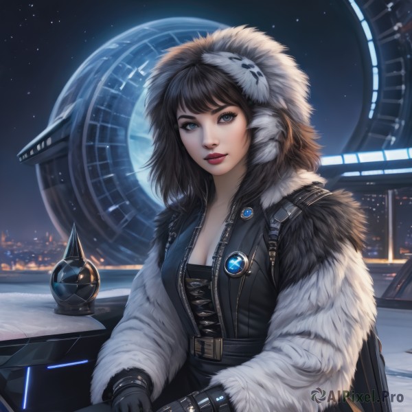 1girl,solo,breasts,looking at viewer,bangs,blue eyes,brown hair,black hair,gloves,cleavage,jewelry,medium breasts,sitting,upper body,open clothes,sky,black gloves,belt,hood,lips,coat,fur trim,window,makeup,night,moon,lipstick,building,gem,star (sky),night sky,full moon,starry sky,science fiction,realistic,nose,winter clothes,earmuffs,cityscape,space,leather,planet,city lights,fur coat,smile,short hair,long sleeves,hat,closed mouth,jacket,artist name,medium hair,open jacket,eyelashes,watermark,web address,eyeshadow,zipper,red lips,badge,leather jacket,leather gloves