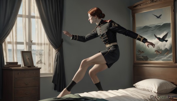 1girl,solo,short hair,skirt,brown hair,long sleeves,jacket,sky,shorts,barefoot,day,socks,belt,indoors,hair bun,uniform,from side,black jacket,pillow,military,window,bed,military uniform,profile,bird,on bed,black shorts,single hair bun,curtains,scenery,photo (object),bedroom,picture frame,painting (object),drawer,picture (object),brown eyes,jewelry,closed mouth,red hair,cloud,lips,kneehighs,buttons,black socks,epaulettes,medal,portrait (object)