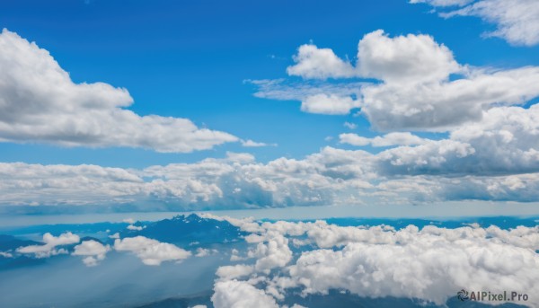 monochrome,outdoors,sky,day,cloud,water,blue sky,no humans,ocean,cloudy sky,scenery,reflection,blue theme,horizon,landscape,above clouds