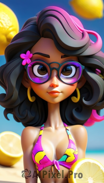 1girl,solo,long hair,breasts,looking at viewer,smile,black hair,hair ornament,navel,cleavage,bare shoulders,brown eyes,jewelry,closed mouth,collarbone,swimsuit,upper body,flower,bikini,multicolored hair,earrings,small breasts,outdoors,food,glasses,day,artist name,hair flower,dark skin,medium hair,blurry,dark-skinned female,lips,makeup,fruit,blurry background,beach,sunglasses,lipstick,tan,front-tie top,bikini top only,multicolored clothes,eyeshadow,black-framed eyewear,curly hair,hoop earrings,front-tie bikini top,round eyewear,pink bikini,summer,lemon,lemon slice,medium breasts,pink hair,ocean,wavy hair,nose,arms at sides,tinted eyewear,multicolored swimsuit,multicolored bikini,pineapple