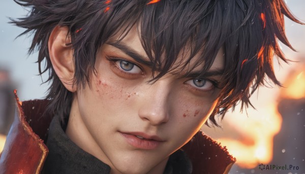 solo,looking at viewer,short hair,bangs,black hair,1boy,hair between eyes,brown eyes,jacket,male focus,outdoors,parted lips,teeth,blurry,black eyes,lips,grey eyes,blood,depth of field,blurry background,fire,portrait,close-up,freckles,blood on face,realistic,nose,blue eyes,artist name,eyelashes