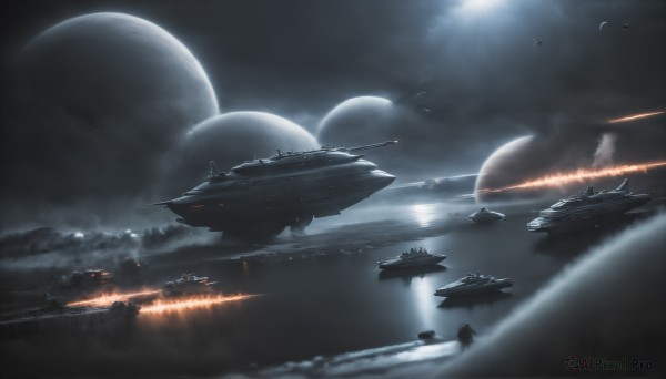 HQ,sky,cloud,water,military,no humans,night,bird,ocean,moon,fire,scenery,full moon,smoke,flying,science fiction,turret,realistic,aircraft,military vehicle,airplane,watercraft,vehicle focus,planet,ship,spacecraft,lights,warship,outdoors,signature