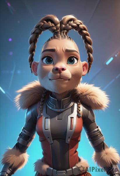 1girl,solo,long hair,breasts,looking at viewer,smile,blue eyes,brown hair,gloves,closed mouth,upper body,braid,small breasts,belt,twin braids,fur trim,bodysuit,blue background,thick eyebrows,genderswap,furry,genderswap (mtf),fur collar,furry female,medium breasts,freckles,dreadlocks