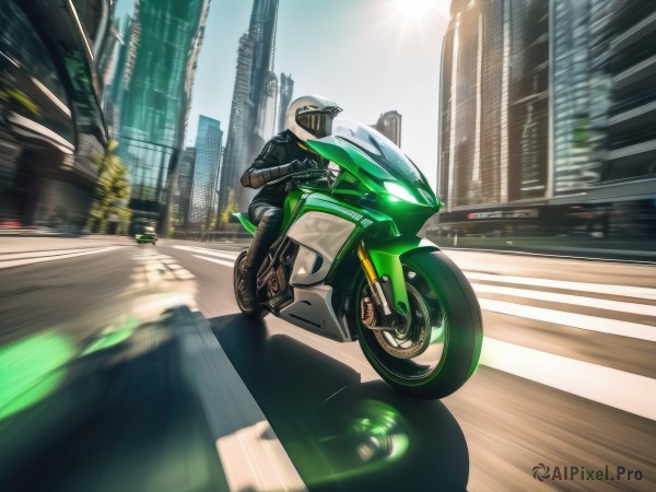 solo,jacket,outdoors,sky,day,blurry,no humans,glowing,ground vehicle,building,motor vehicle,city,motion blur,road,vehicle focus,motorcycle,speed lines,street,skyscraper,leather jacket,motorcycle helmet,on motorcycle,sunlight,scenery,riding