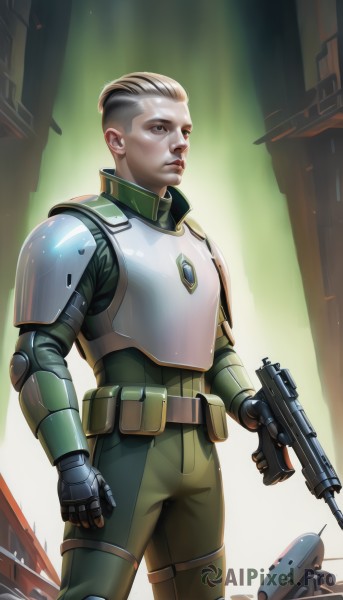 solo,looking at viewer,blonde hair,gloves,1boy,holding,brown eyes,standing,weapon,male focus,belt,signature,holding weapon,armor,lips,gun,military,robot,holding gun,mecha,rifle,science fiction,pouch,realistic,nose,very short hair,undercut,cyborg,power armor,energy gun,mohawk,black hair,white hair,artist name,uniform,ground vehicle,motor vehicle,assault rifle,submachine gun