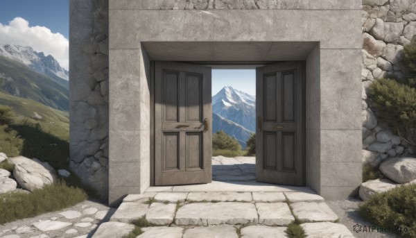 outdoors,sky,day,cloud,tree,blue sky,no humans,window,grass,nature,scenery,rock,mountain,door,road,bush,wall,house,landscape,mountainous horizon,path,cliff,stone wall,plant,stone