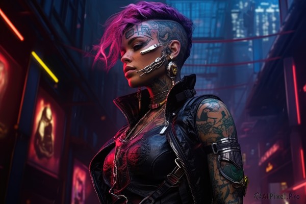 1girl,solo,breasts,short hair,jewelry,medium breasts,jacket,upper body,pink hair,purple hair,multicolored hair,earrings,outdoors,parted lips,open clothes,sleeveless,dark skin,necklace,blurry,vest,from side,dark-skinned female,tattoo,makeup,night,blurry background,piercing,headset,city,arm tattoo,undercut,sleeveless jacket,mohawk,cyberpunk,closed eyes,alternate costume,choker,open jacket,ear piercing,shoulder tattoo,earphones,facial tattoo,no pupils,earpiece,eyebrow cut