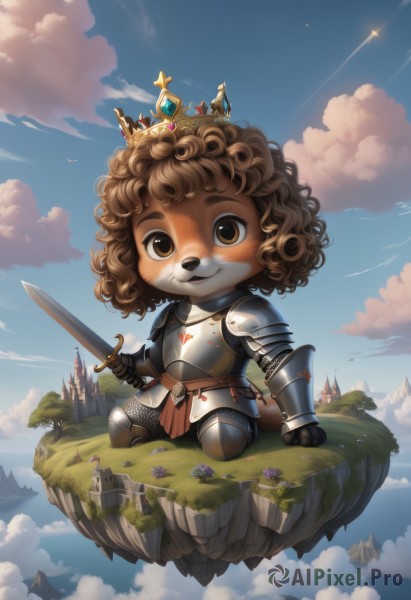 solo,looking at viewer,smile,brown hair,1boy,holding,brown eyes,sitting,tail,weapon,flower,male focus,outdoors,sky,day,sword,cloud,chibi,holding weapon,armor,blue sky,holding sword,cloudy sky,grass,crown,shoulder armor,gauntlets,furry,curly hair,breastplate,fantasy,furry female,furry male,castle,knight,chainmail,plate armor,floating island,1girl,animal ears,full body,tree,bird