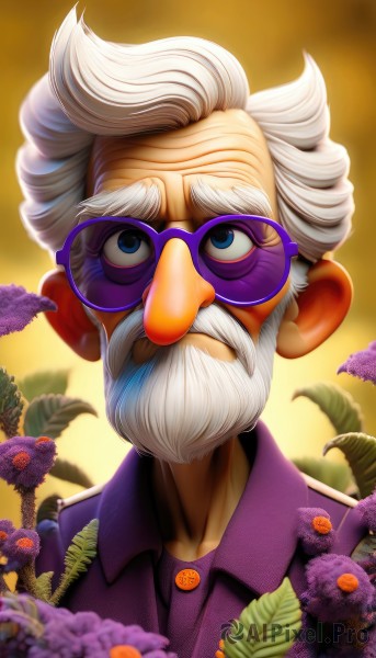 solo,looking at viewer,blue eyes,shirt,1boy,upper body,flower,white hair,male focus,outdoors,glasses,collared shirt,blurry,blurry background,facial hair,leaf,sunglasses,portrait,beard,realistic,round eyewear,mustache,purple flower,purple shirt,old,old man,artist name,signature,eyelashes,makeup,buttons,depth of field,watermark,thick eyebrows,web address,backlighting,nose,purple jacket,wrinkled skin