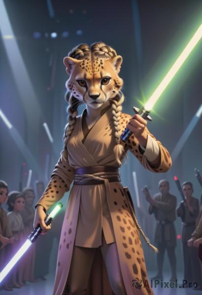 1girl,long hair,looking at viewer,multiple girls,holding,2girls,animal ears,brown eyes,standing,weapon,braid,japanese clothes,multiple boys,solo focus,sword,holding weapon,twin braids,sash,cosplay,mask,parody,holding sword,animal print,furry,dual wielding,robe,furry female,animification,crowd,glowing weapon,energy sword,spotlight,glowstick,glowing sword,leopard ears,concert,lightsaber,blonde hair,yellow eyes,audience