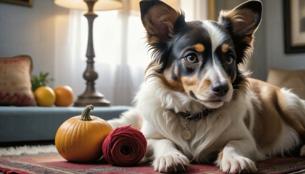 HQ,solo,looking at viewer,brown eyes,lying,indoors,blurry,collar,pillow,no humans,depth of field,blurry background,animal,table,cat,curtains,realistic,lamp,animal focus,white fur,whiskers,rug,yarn,yarn ball,closed mouth,food,signature,book,fruit,watermark,plant,web address,dog,animal collar,carpet,deviantart username