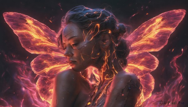 1girl, solo, short hair, bare shoulders, closed mouth, closed eyes, upper body, wings, lips, fire, black background, realistic, nose, fairy wings, fairy, butterfly wings, insect wings