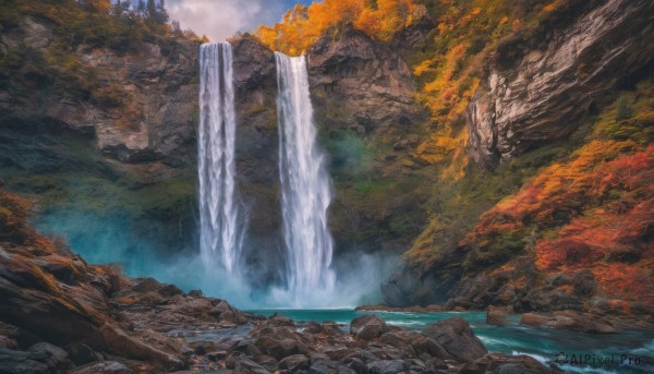 outdoors, sky, day, cloud, water, tree, no humans, nature, scenery, rock, mountain, river, waterfall, cliff