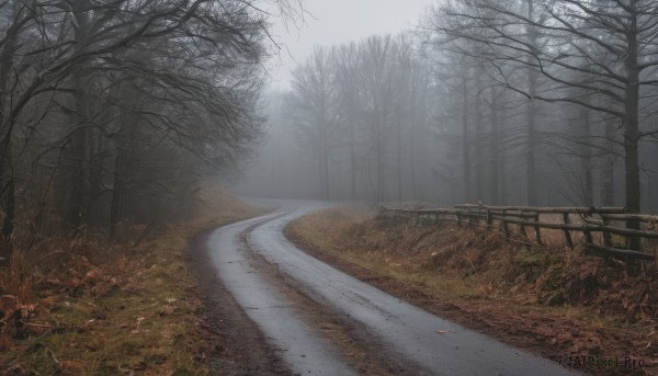 outdoors,sky,day,cloud,tree,no humans,grass,nature,scenery,snow,forest,fence,road,bridge,bare tree,river,landscape,fog,path,cloudy sky,ground vehicle,motor vehicle,realistic,bench,street