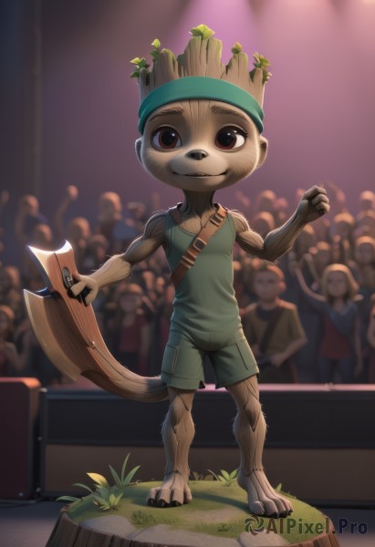 solo,looking at viewer,smile,red eyes,1boy,holding,brown eyes,standing,full body,weapon,male focus,shorts,solo focus,artist name,holding weapon,blurry,blurry background,headband,grass,instrument,child,furry,overalls,furry male,axe,male child,crowd,hat,barefoot