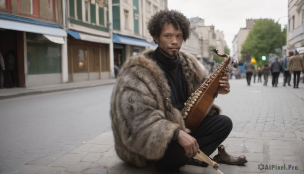 looking at viewer,short hair,shirt,black hair,long sleeves,1boy,holding,jacket,male focus,outdoors,multiple boys,shoes,solo focus,day,pants,dark skin,blurry,coat,fur trim,black shirt,blurry background,facial hair,brown footwear,black pants,squatting,building,instrument,beard,city,realistic,mustache,music,guitar,road,playing instrument,holding instrument,street,afro,people,smile,jewelry,sitting,earrings,black eyes,tree,dark-skinned male,black nails,6+boys,brown jacket,crowd