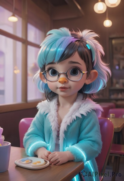 1girl,solo,looking at viewer,smile,short hair,bangs,blue eyes,brown hair,black hair,hair ornament,long sleeves,jewelry,sitting,closed mouth,blue hair,jacket,upper body,multicolored hair,hairband,earrings,food,glasses,artist name,indoors,blurry,black eyes,two-tone hair,lips,coat,fur trim,window,depth of field,blurry background,swept bangs,chair,table,plate,nose,round eyewear,stud earrings,egg,blue coat,humanization,egg (food),fried egg,hairclip,cup,makeup,child