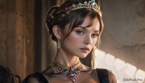 1girl,solo,looking at viewer,blue eyes,brown hair,black hair,dress,jewelry,braid,earrings,parted lips,indoors,necklace,hair bun,blurry,lips,see-through,grey eyes,blurry background,single hair bun,tiara,crown,gem,portrait,freckles,realistic,blush,bangs,collarbone,upper body,eyelashes,nose