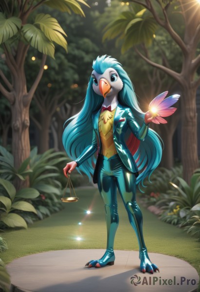 1girl,solo,long hair,breasts,looking at viewer,blue eyes,shirt,long sleeves,bow,holding,very long hair,closed mouth,blue hair,standing,jacket,full body,white shirt,flower,multicolored hair,small breasts,outdoors,open clothes,day,shiny,collared shirt,pants,artist name,hand up,bowtie,blurry,vest,red bow,open jacket,tree,pokemon (creature),sparkle,aqua hair,blurry background,colored skin,bird,leaf,watermark,black pants,formal,suit,grass,feathers,blue jacket,red bowtie,nature,claws,furry,forehead,personification,shiny clothes,green jacket,furry female,blue pants,bush,body fur,traditional bowtie,beak,animal ears,brown eyes,wings,alternate costume,signature,black eyes,flat chest,cosplay,bell,bodysuit,plant,skin tight,web address,pink flower,glint,holding flower,jumpsuit,blue bodysuit,talons,bird girl,bird legs,blue feathers