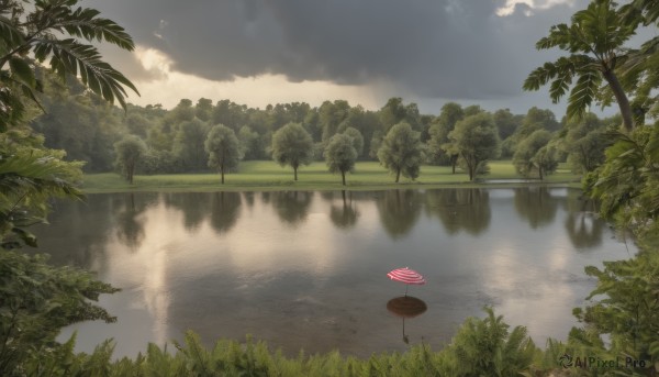 outdoors,sky,day,cloud,water,tree,no humans,umbrella,cloudy sky,grass,plant,nature,scenery,forest,reflection,rain,bush,lake,reflective water,oil-paper umbrella,landscape