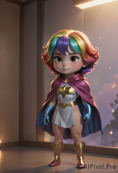 1girl,solo,looking at viewer,blush,short hair,bangs,blonde hair,gloves,dress,brown eyes,closed mouth,blue hair,standing,full body,yellow eyes,pink hair,purple hair,multicolored hair,boots,artist name,indoors,cape,white dress,orange hair,blurry,flat chest,two-tone hair,lips,streaked hair,groin,loli,no panties,blurry background,child,pelvic curtain,curly hair,arms at sides,red cape,blue gloves,female child,blue cape,purple cape,thighs,green hair,aged down