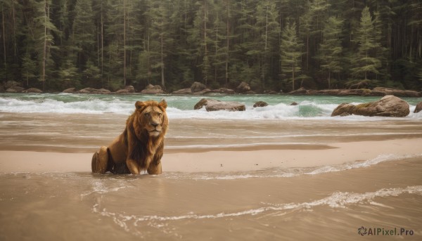 outdoors,day,water,tree,no humans,animal,beach,sunlight,nature,scenery,forest,rock,realistic,sand,bamboo,ocean,plant,waves,tiger,shore,bamboo forest