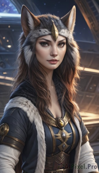 1girl,solo,long hair,breasts,looking at viewer,brown hair,long sleeves,animal ears,cleavage,brown eyes,jewelry,medium breasts,closed mouth,upper body,belt,signature,mole,lips,fur trim,mole under eye,makeup,lipstick,gem,freckles,nose,red lips,ears through headwear,fur,pelt,artist name,coat,web address,realistic