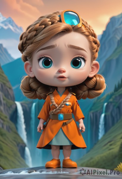 1girl,solo,long hair,looking at viewer,blue eyes,blonde hair,brown hair,long sleeves,dress,standing,full body,braid,boots,outdoors,parted lips,sky,shoes,belt,water,blurry,aqua eyes,lips,blurry background,child,freckles,mountain,female child,crown braid,waterfall,orange footwear,open mouth,japanese clothes,artist name,kimono,thick eyebrows,aged down