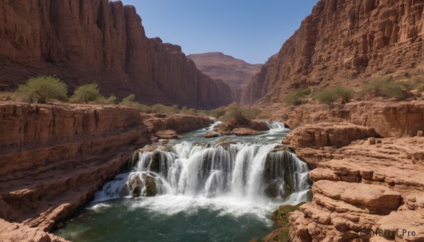 outdoors,sky,day,water,tree,blue sky,no humans,nature,scenery,rock,mountain,river,waterfall,landscape,cliff,forest