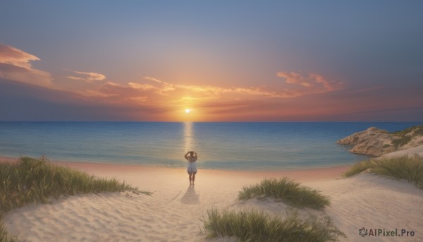 1girl,solo,skirt,brown hair,shirt,standing,outdoors,sky,cloud,water,shadow,ocean,beach,sunlight,cloudy sky,grass,scenery,walking,sunset,rock,sand,sun,horizon,wide shot,shore,black hair,day,blue sky,no humans,path