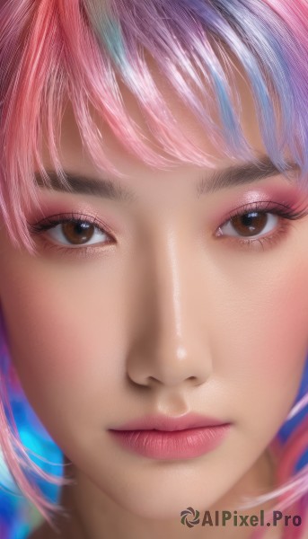 1girl,solo,looking at viewer,bangs,brown eyes,closed mouth,blue hair,pink hair,multicolored hair,blurry,two-tone hair,lips,eyelashes,makeup,lipstick,portrait,close-up,eyeshadow,realistic,nose,mascara,eye focus,short hair