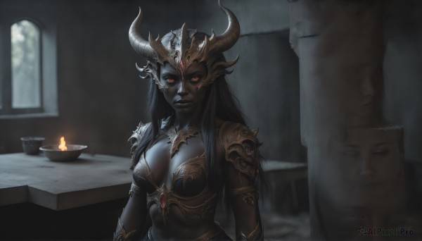 HQ,1girl,solo,long hair,breasts,looking at viewer,large breasts,black hair,red eyes,cleavage,medium breasts,closed mouth,upper body,horns,indoors,armor,blurry,lips,window,blurry background,colored skin,table,shoulder armor,glowing eyes,colored sclera,pauldrons,black sclera,candle,scales,bikini armor,grey skin,black skin,black lips,pointy ears,helmet,elf,fake horns,undead