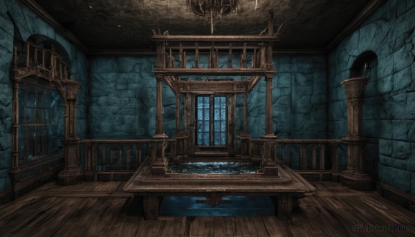 indoors,water,tree,no humans,window,night,chair,table,scenery,wooden floor,stairs,railing,candle,dark,architecture,bridge,pillar,chandelier,sky,night sky,fantasy,ruins,piano,arch