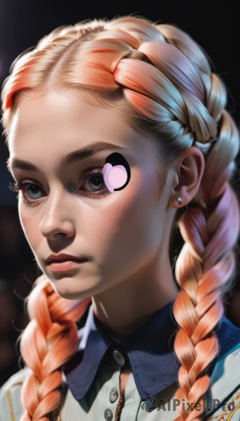 1girl,solo,long hair,looking at viewer,blue eyes,blonde hair,shirt,jewelry,braid,multicolored hair,earrings,parted lips,collared shirt,artist name,orange hair,twin braids,two-tone hair,lips,grey eyes,makeup,buttons,piercing,portrait,freckles,realistic,nose,stud earrings,closed mouth,eyelashes,multiple braids