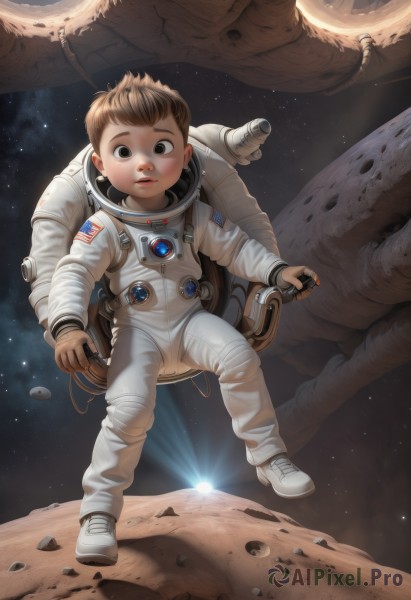 solo,looking at viewer,short hair,brown hair,1boy,brown eyes,standing,full body,male focus,parted lips,shoes,bag,black eyes,child,star (sky),science fiction,realistic,space,male child,planet,earth (planet),american flag,spacecraft,spacesuit,japanese flag,astronaut,teeth,white footwear,sneakers,floating,wide-eyed,sun,dirty