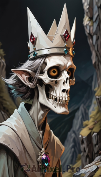 solo,short hair,1boy,holding,jewelry,upper body,grey hair,male focus,outdoors,teeth,pointy ears,blurry,from side,mask,blurry background,crown,gem,1other,colored sclera,skull,robe,black sclera,skeleton,elf,bone