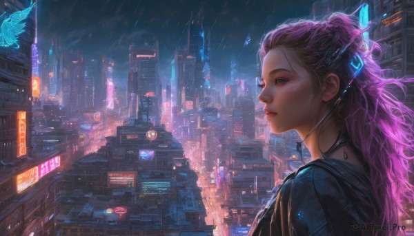 1girl, solo, long hair, blue eyes, jewelry, jacket, upper body, pink hair, earrings, outdoors, necklace, lips, night, bird, building, scenery, science fiction, rain, city, realistic, nose, cityscape, earphones, skyscraper, city lights, cyberpunk, neon lights