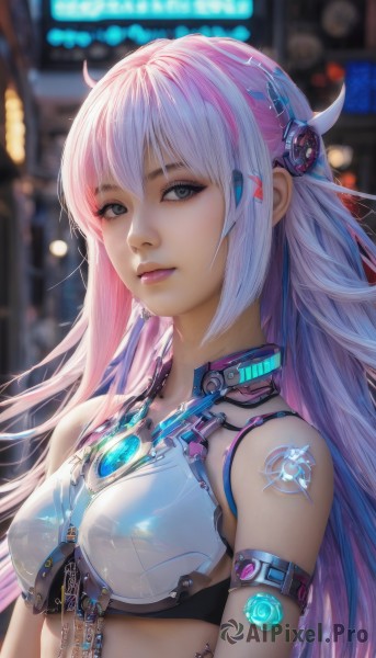 1girl,solo,long hair,breasts,looking at viewer,bangs,blue eyes,hair ornament,bare shoulders,jewelry,medium breasts,closed mouth,upper body,pink hair,multicolored hair,blurry,two-tone hair,lips,crop top,grey eyes,tattoo,makeup,blurry background,lipstick,armlet,science fiction,realistic,android,cyberpunk,small breasts,eyelashes,headgear,gem,nose,neon lights