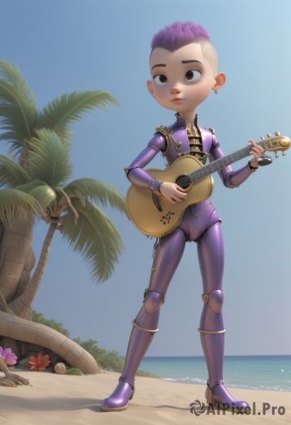 1girl,solo,short hair,holding,brown eyes,jewelry,closed mouth,standing,full body,purple hair,flower,earrings,outdoors,sky,day,water,black eyes,tree,blue sky,bodysuit,cameltoe,ocean,beach,piercing,instrument,ear piercing,sand,palm tree,music,guitar,very short hair,undercut,playing instrument,holding instrument,electric guitar,mohawk,acoustic guitar,pink hair,pussy,asymmetrical hair,android,joints,cyborg,robot joints