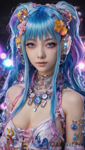 1girl,solo,long hair,breasts,looking at viewer,bangs,blue eyes,hair ornament,cleavage,bare shoulders,twintails,jewelry,medium breasts,closed mouth,blue hair,upper body,flower,sidelocks,multicolored hair,small breasts,hair flower,necklace,mole,lips,eyelashes,makeup,headphones,gem,realistic,nose,mascara,collarbone,choker,artist name,nail polish,bra,mole under eye,watermark,facial mark,piercing,ring,pink lips